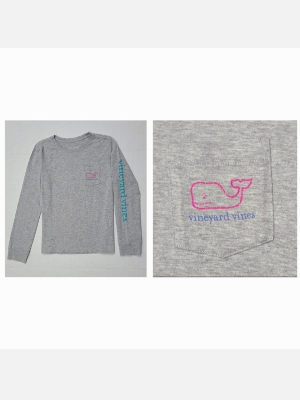 Vineyard Vines Vintage Whale Long-Sleeve Pocket Tee Gray Sz S 7-8